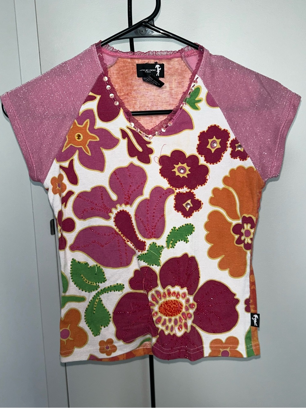 Vintage Pink Floral Beaded Short Sleeve Graphic Tee